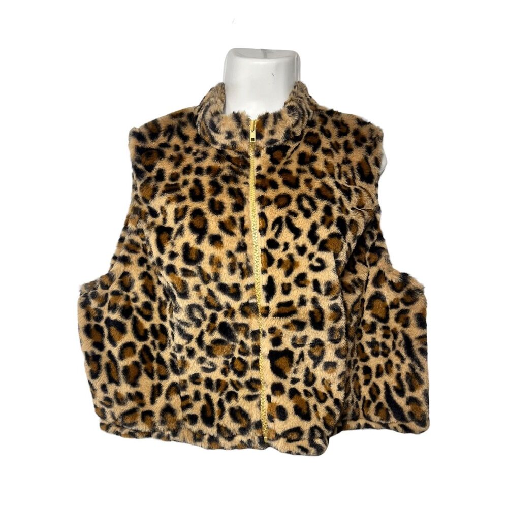 Shein Curve Leopard Print Faux Fur Vest Brown Tan Mock Neck Zip Up Plus Size 3XL